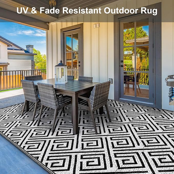 Outdoor Patio Plastic Straw Rug - 8x10 ft Outdoor Camping Rug Waterproof Reversible, Area Carpet Patios RV, Outside Porch Balcony Deck for Camper, Stripe White Black