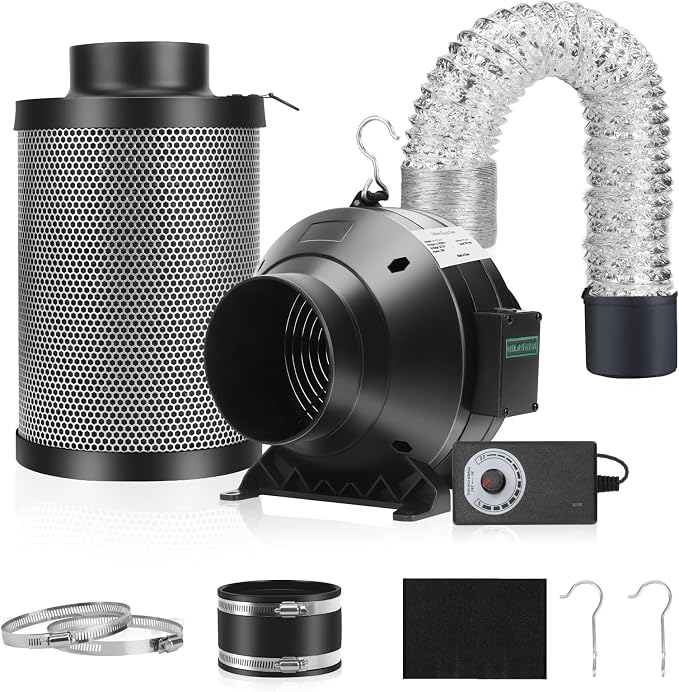 Air Filtration Kit, 4" 190 CFM Inline Duct Fan with Speed Controller, 12" High Carbon Filter, 8 Ft Ducting & Rubber Coupler, Air Cooling and Filtration Kit for Grow Tent, Hydroponics