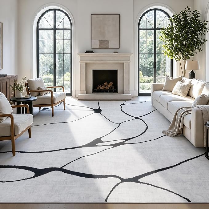 9x12 Washable Modern Abstract Black White Area Rug | Ultra-Thin Low Pile, Non-Slip TPE Backing, Soft Stain Resistant, Machine Washable, for Hallway Entryway Laundry High Traffic