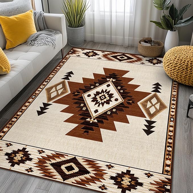 Western Rug 3x5 Area Rug for Bedroom Southwestern Aztec Rugs | Machine Washable Southwest Tribal Navajo Rugs Low Pile Non-Slip Floor Carpet for Kitchen Living Room Dining Room Bedroom