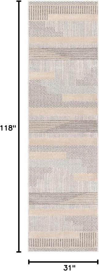 Well Woven Harlow Collection Briar Beige - Modern Tribal Minimalist Geometric 3x10 Runner Rug - Ideal for Hallway & Bedroom - Durable, Stain Resistant & Easy to Clean