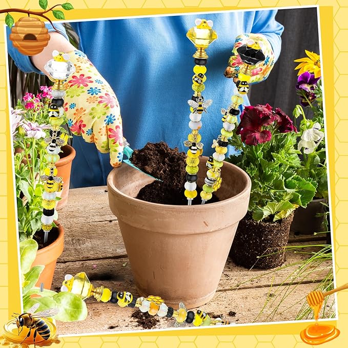 Lineshading 118 Pcs Bee Garden Stakes Fairy Wand DIY Beaded Stakes Garden Decor Includes 4 Crystal Stopper Top 10 Bee Pendant 68 Large Hole Beads 4 Threaded Rods 4 Pcs Nuts, for Craft Supply