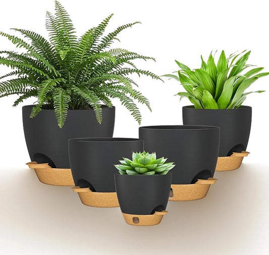 12/10/9/8/6 Inch Self Watering Pots for Indoor Outdoor Plants, Set of 5 Large Plastic Planters with Visual Water Window, Drainage Holes & Watering Lip, Modern Decorative Flower Pots (Black)