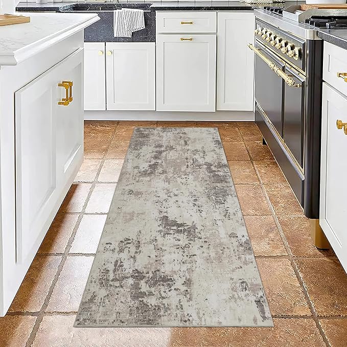 ROYHOME Modern Abstract Runner Rug 2x5 Washable Non Slip,Brown Grey | Stain Resistant Rug for Bedroom Living Room Non Shedding Low Pile Indoor Floor Cover
