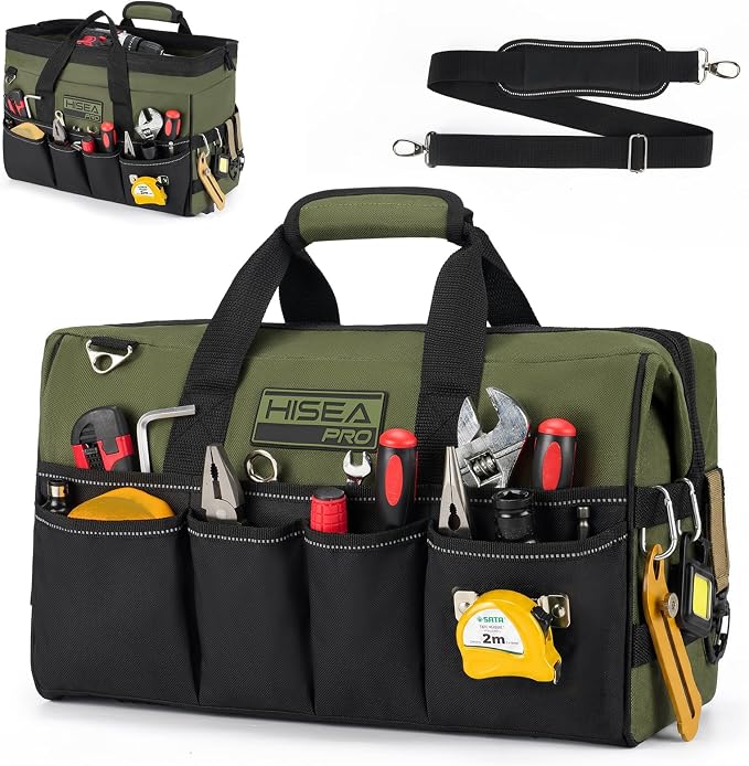 HISEA Heavy Duty Tool Bag 20 Pockets, 16-Inch Portable Tool Box Organizer, 600D Waterproof Wide Mouth Large Storage Toolbag for Electrician, Tradesman with Adjustable Shoulder Strap