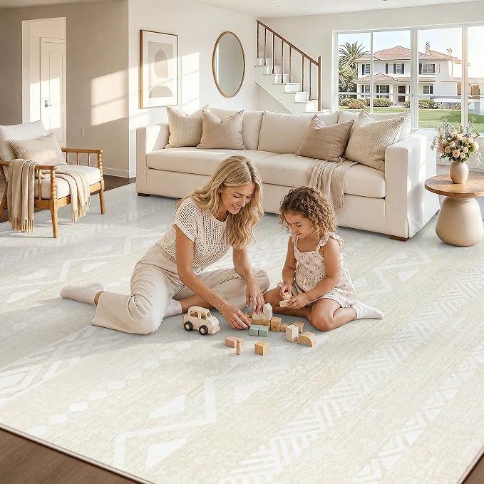 Zomfy Washable Rug 8x10 Area Rugs for Living Room(Beige, 8'x10') | Geometric Boho Modern Rugs Large Non Slip Soft Carpet Low Pile No Shedding Print Rug for Bedroom Dining Room Home Office