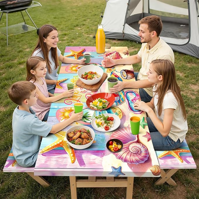 Picnic Table Cover with Bench Covers Elastic,Fitted Table Cloths for Rectangle Tables 6 Foot Washable,Waterproof Tablecloth for Outdoor Camping Essentials (Colorful Beach, 6 Foot)
