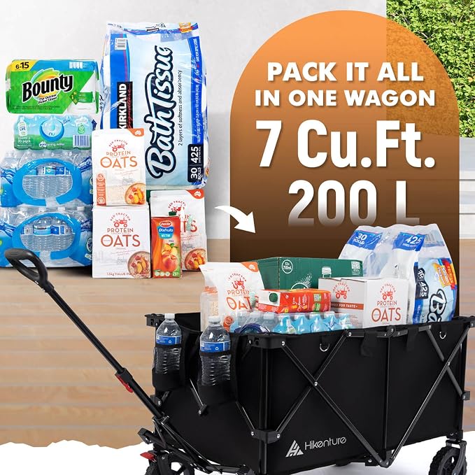 Hikenture Wagons Carts Foldable 330LBS, Heavy Duty Collapsible Wagon | Utility Wagon for Grocery, Garden, Camping & Sports Gear; One-Hand Fold; 360-Degree Wheels; Built-In Wheel Brake