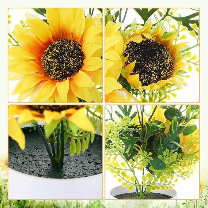 Zeyune 8 Pcs Sunflower Potted Plants Rustic Summer Spring Kitchen Wedding Table Centerpieces Silk Yellow Fake Flower with Plastic Pot for Home Bathroom Office (Classic,Sunflower)