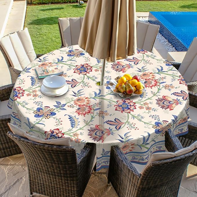 Vintage Flowers Outdoor Tablecloth with Umbrella Hole 60" x 60" Waterproof Zipper Table Cloth for Garden - Ideal Patio Table Cover for Picnics, Camping, and Yard Use