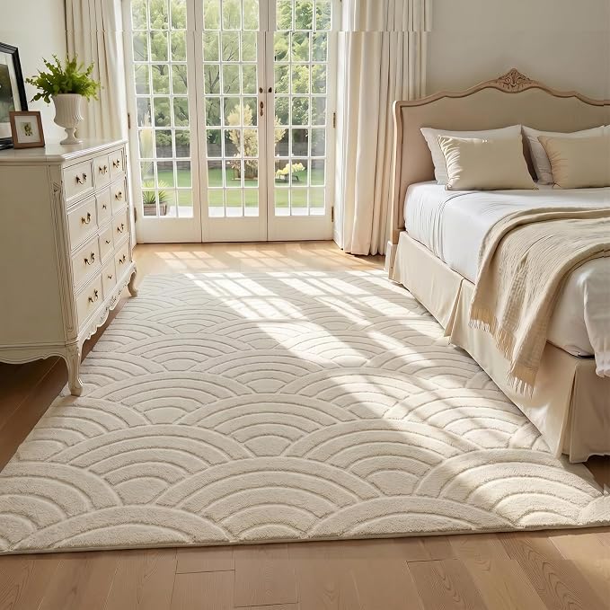 SHACOS Soft Cozy Fluffy Arch Waves Pattern High-Low Textured Area Rug 4'x6' | Non Slip Washable Minimalist Modern Graphic Rainbow Carpet for Living Room Bedroom Bathroom Dining Room, Cream