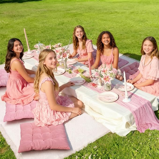 Extra Large Outdoor Picnic Blanket with Table Runner and Floor Pillow Cushion for Picnic Wedding Birthday Baby Shower Backyard Decor(71 x 102'',Pink,10 Pcs)