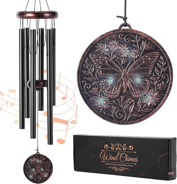 Butterfly Wind Chime for Outside – Vintage Copper 3D Embossed Butterfly Wind Catcher Deep Tone, Resin Medallion Garden Outdoor Hanging Décor Ornament, Gifts with Card Box for Women Men