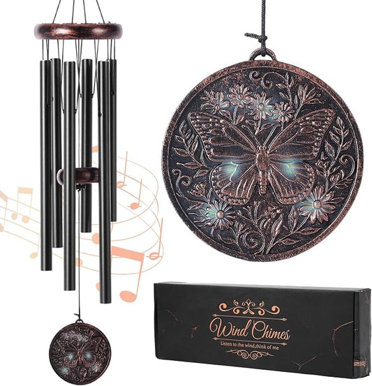 Butterfly Wind Chime for Outside – Vintage Copper 3D Embossed Butterfly Wind Catcher Deep Tone, Resin Medallion Garden Outdoor Hanging Décor Ornament, Gifts with Card Box for Women Men