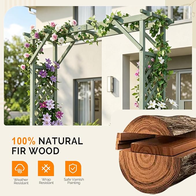 VINGLI Wooden Garden Arbor with Planter, Wedding Arch for Ceremony, Wood Garden Arbour Trellis for Plant Climbing, Pergola for Garden Backyard, Lawn, Outdoor (Olive Green)