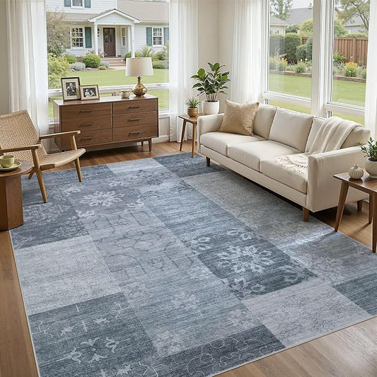 UERMEI 6x9 Area Rug for Living Room - Washable Vintage Carpet, Non-Slip Soft Large Indoor Floor Rugs for Bedroom Home Office & Under Dining Table Decor, Blue Block