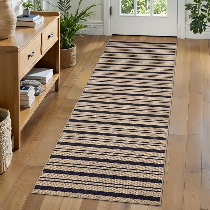 Tangsoo 2x6 Washable Non-Slip Runner Rug for Hallways,Striped Easy Jute Rug | Modern Kitchen Thin Carpet Farmhouse Indoor Outdoor Runner Door Mat for Porch Laundry Bedroom Entryway