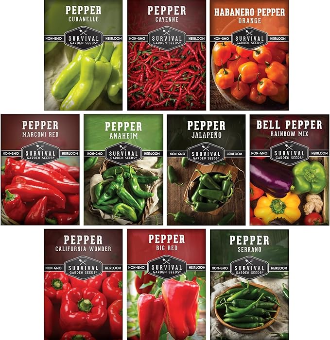 10 Pepper Seed Variety Pack for Planting - Survival Garden Seeds | Jalapeño, Serrano, Cayenne, Bell, Habanero, Cubanelle, & More – Hot & Sweet Heirloom Non-GMO Peppers Collection