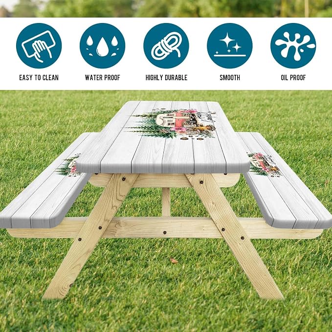 Picnic Table with Bench Covers 3 PCS Set, Pink Leopard Floral Camper Waterproof Windproof, Elastic Fitted Tablecloth with Drawstring Bag for Camping BBQ RV Trip Outdoor Party, 30X60 inch