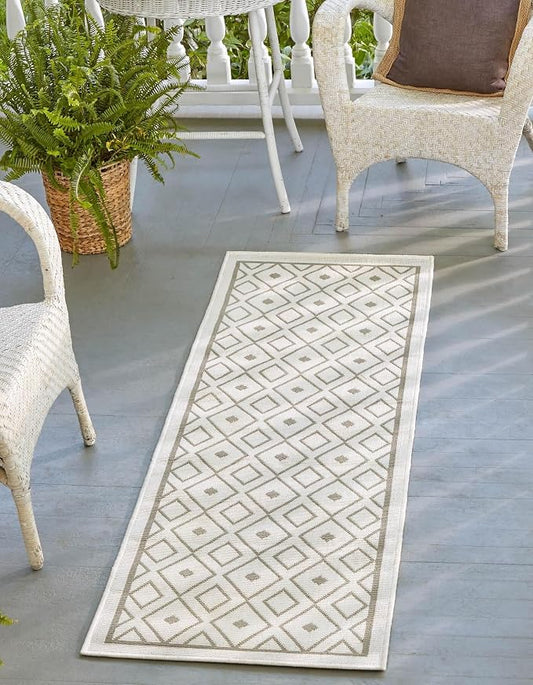 Unique Loom Outdoor Trellis Collection Area Rug - Kafes (2' x 8' Runner, Ivory/ Gray)