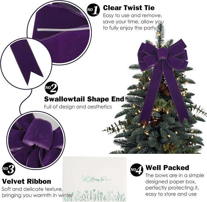 13" Purple Bow Pre-Tied Bow for Christmas Tree, Purple Velvet Ribbon Bow for Wreaths, Tree Toppers Bow, Premade Bow, Gift Bow for Party Favor, Christmas Home Indoor Outdoor Decor-1 Counts