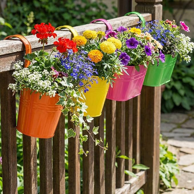 16 Pcs Hanging Flower Pots Planters for Outdoor Metal Iron Wall Flower Planter Baskets for Railing Fence Balcony Garden Yard Home Indoor Decoration with Detachable Hooks (Colorful)