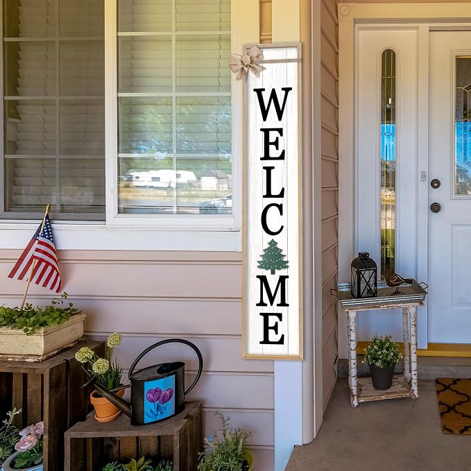 Interchangeable Welcome Sign for Front Door Standing, 45"X9" with 12 Pcs Replaceable Icons Rustic Outdoor Tall Front Porch Farmhouse Outside Wreath Leaner Vertical Decor (Wood)
