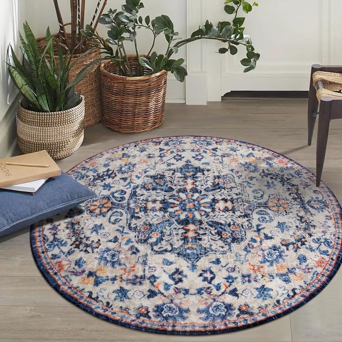 Lahome Reine Bohemian Round Rug 3Ft Small Bedroom Round Area Rug Soft Bathroom Circle Mat, Vintage Washable Non Slip Low Pile Indoor Floor Carpet for Kitchen Laundry Entryway, Blue Purple/Multi