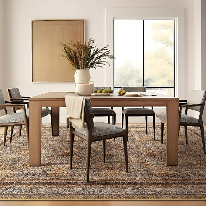 Phantoscope Washable Area Rug 4'x6' Non-Slip, Vintage Neutral Rugs for Living Room, Bedroom, Dining Room, Distressed Boho Floral Medallion Pattern, Low-Pile Foldable Carpet, Brown/Charcoal Spice