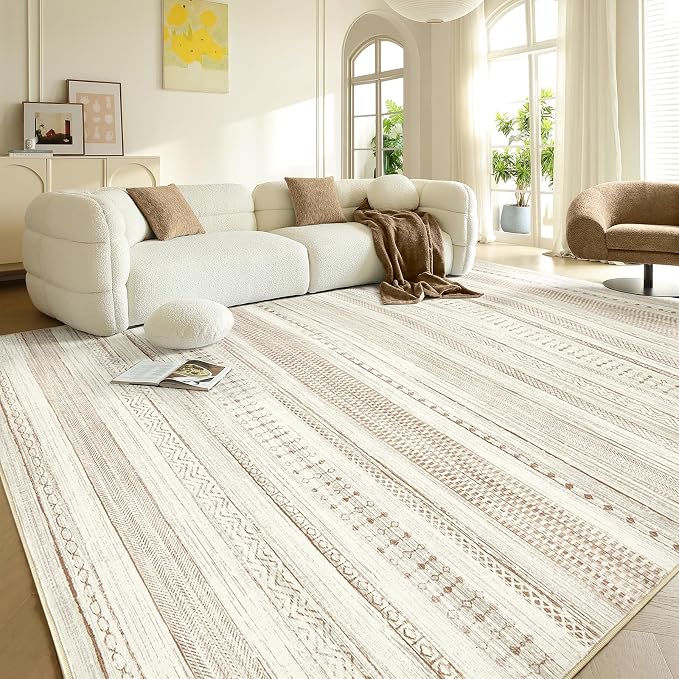 Boraya Area Rugs for Living Room: 9x12 Washable Boho Rug for Bedroom Large Neutral Bohemian Moroccan Farmhouse Geometric Dining Room Rugs Ultra Soft Floor Carpet Indoor for Home Office - Brown