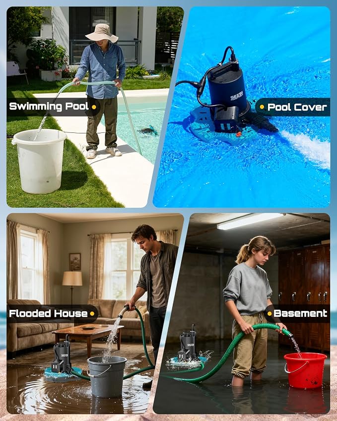 SEESII Auto 2-in-1 Pool Cover & Submersible Water Pump, 1/3 HP | 3035 GPH Sump Pump, Smart Auto On/Off, Clog-Free Net. Ideal for Pools, Flooded Basements, Hot Tubs & Garden Ponds