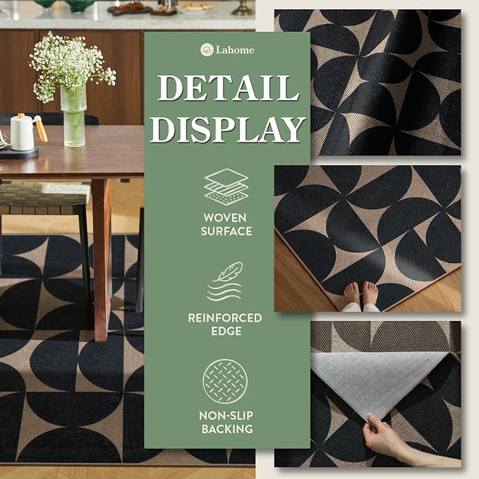 Lahome Semi Circle Easy Jute Black Runner Rug, 2x8 Washable Kithcen Runner | 8ft Non Slip Stain Resistant Non Shedding Indoor Outdoor Carpet for Entryway Hallway