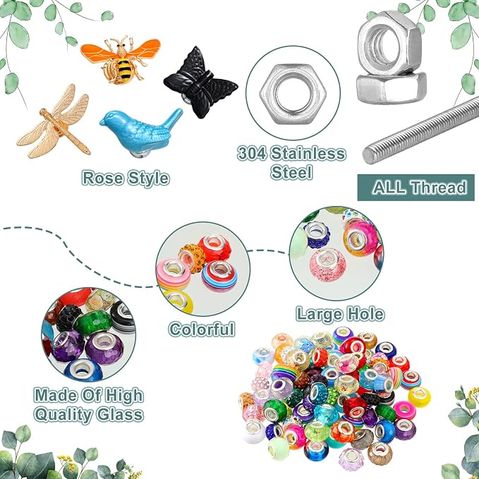 Tigeen 236 Pcs Garden Stake DIY Fairy Wand Plant Stake with 12 Colorful Crystal Stopper Top 12 Threaded Rod with 200 Large Hole Bead for Spring Summer Holiday Outdoor Decorations(Dragonfly Bird Bee)