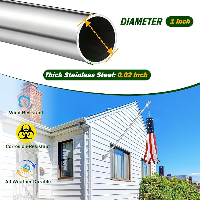 Windsocks Kit for Outside House, 4th of July Decorations US Flag 40 Inch Wind Socks with 6FT Stainless Steel Flagpole with Flag Holder and Rings (Silver)