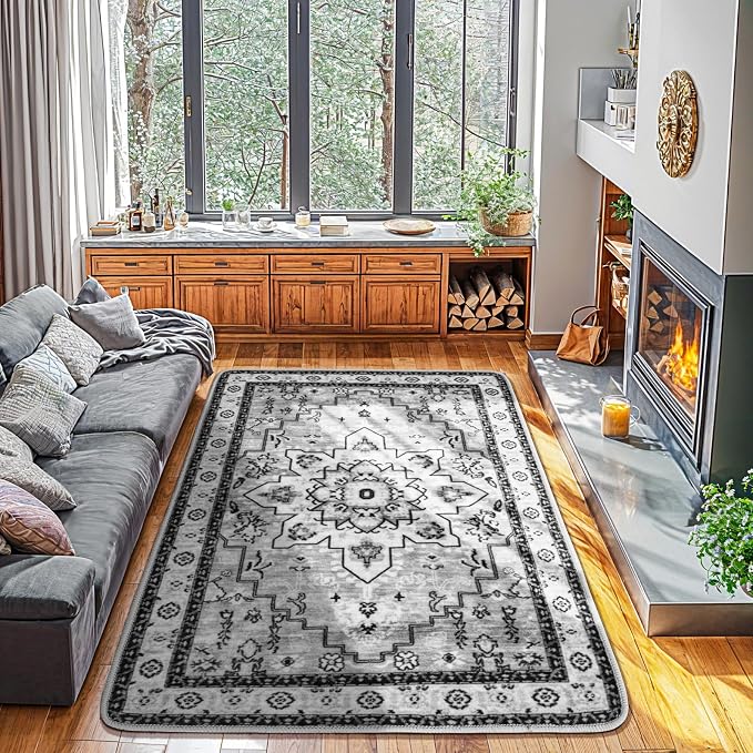 LBRO2M Machine Washable Rug Soft Pet Friendly Carpet 5X7 Gray | Persian Rug 5X7 for Living Room, Bedroom, Dining Room, Home Office, Non Slip Carpet, Foldable Stain Resistant Rugs