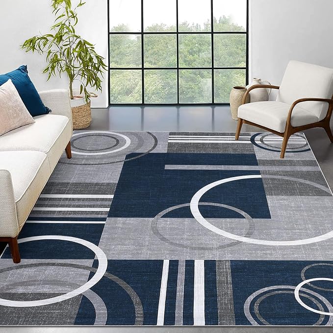 RUGSREAL 10x13 Rugs for Living Room Washable Rug Abstract Circles Rug | Contemporary Modern Area Rugs Stain Resistant Low Pile Throw Carpet for Bedroom Home Decor