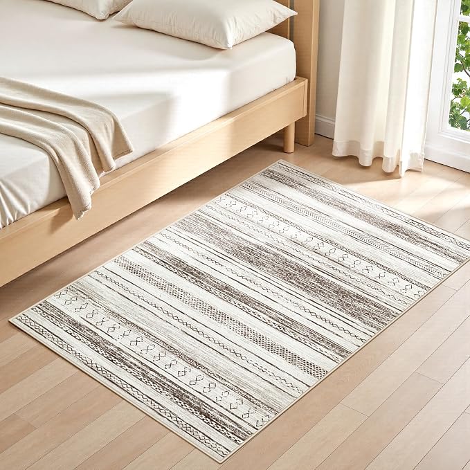 Tortania Area Rug Living Room Rugs - 3x5 Washable Large Soft Neutral Boho Moroccan Bohemian Farmhouse Rug Indoor Floor Carpet for Bedroom Under Dining Table Home Office Decor - Cream Brown