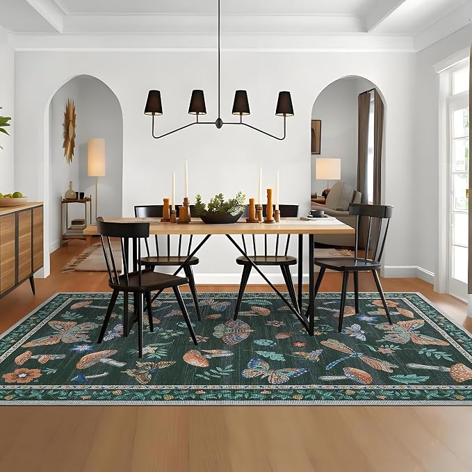Mushroom 9x12 Rug for Living Room Non Slip Washable 9 x 12 Rug for Bedroom with Rubber Back Soft Low-Pile Stain Resistant Foldable Large Carpet for Office Nursery Dining Room Black