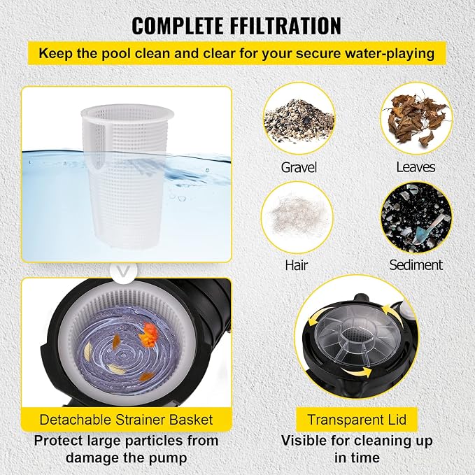 VEVOR 1HP Swimming Pool Pump, Dual Voltage 110V/220V, Circulates 5544GPH for Efficient Water Movement Above Pools, Includes Strainer Basket & Two 1-1/2'' NPT Connectors