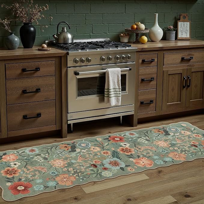 DCX Vintage Floral Washable Area Rug 2x6, Non Slip Low Pile Rug, Sage Green | Rugs for entryway, kitchen, dining room, office, soft, kid & pet friendly, sain resistant indoor carpet, home decor