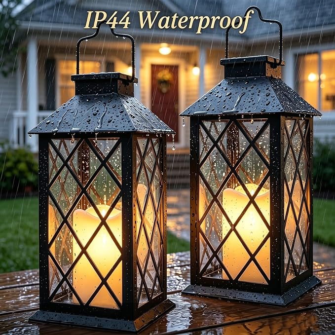2 Pack 14" Large Tempered Glass Solar Lanterns Outdoor Waterproof, Hanging Solar Lights with Flickering Flameless Candles, Solar Lantern for Wall Porch Patio Table Garden Decoration (Black)