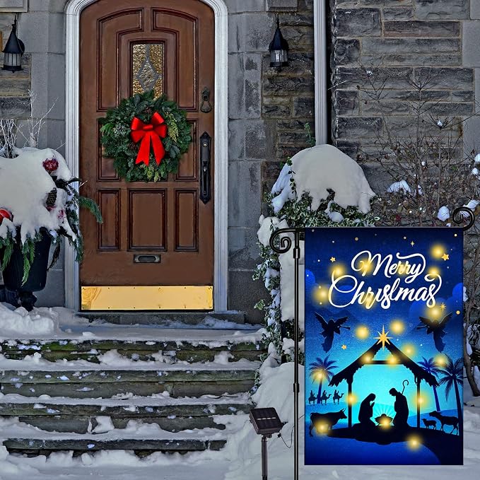 Nativity Christmas Lighted Garden Flag - Solar LED Burlap Religious Merry Yard Flag - Rustic Holy Night Farmhouse Outdoor Banner for Outside Decor - Xmas Holiday Sign 12 x 18 Inch