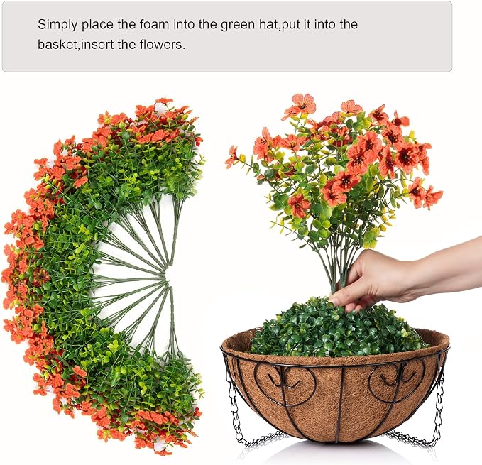 HyeFlora Artificial Fake Fall Hanging Plants Flowers Basket for Outdoor Decor, Faux Silk Orange Mums Daisy in Planter Look Real UV Resistant for Autumn Porch Home Patio Garden Yard Decoration