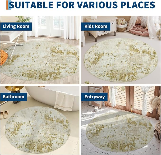 ROYHOME Modern Abstract 6x6 Round Area Rug Non Slip Non Shedding Rug Low Pile Stain Resistant for Bedroom Living Room Office Dining Room,Golden Grey