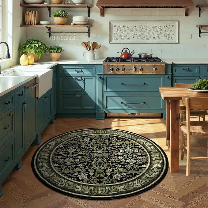 GarveeHome Round Rugs 4ft Washable Circle Rug for Living Room, Green Black | Boho Vintage Non Slip Soft Low Pile Stain Resistant Indoor Carpet for Bedroom Dining Room Kitchen Entryway Office