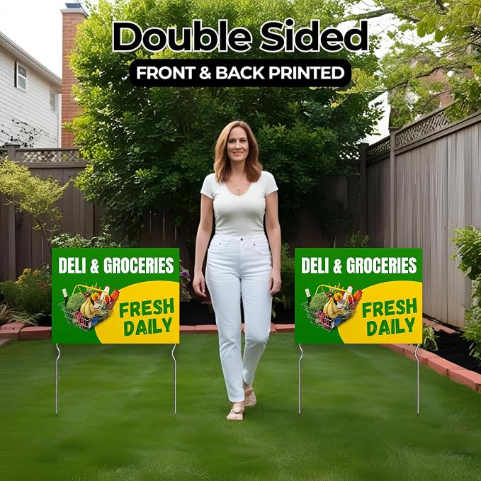 Deli & Groceries - Fresh Daily! Yard Sign by DC | 24"x18" Double Sided Conv. Store Garden Sign with 13” Metal Stakes | Outdoor Signs Waterproof for Lawn, Patio, Sidewalk & House | Set of 3