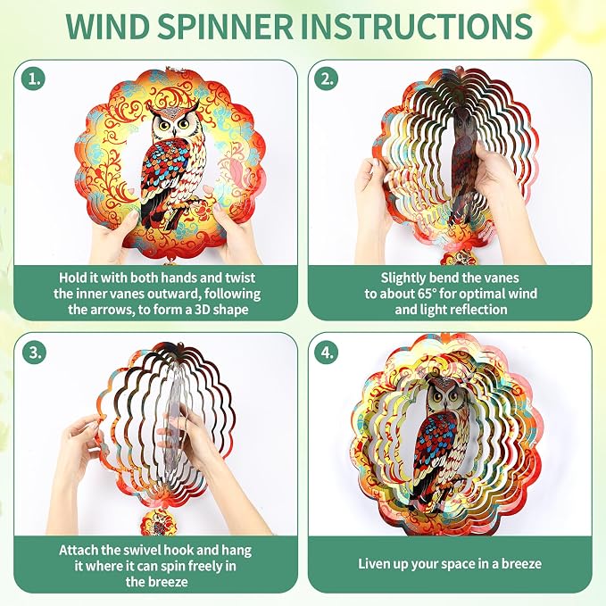 Owl Wind Spinners Outdoor for Mother's Day, IDEA SHOW 12In Stainless Steel Wind Spinners, 3D Kinetic Hanging Sculpture, Rustproof Metal Garden Decor Ornaments for Yard Art, Women, Men, Holidays