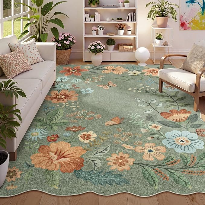 Lahome Floral Washable Rugs 8x10, Soft Green Rugs for Living Room Bedroom | Non-Slip Ultra-Thin Stain Resistant, 8x10, Rugs Boho Accent Carpet for Dining Room Office Flore (8x10ft, Green)