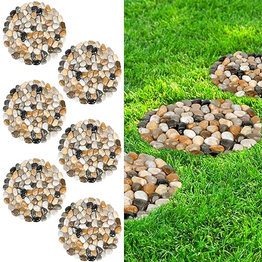 River Rock Stepping Stones Outdoor for Garden Walkway, 10 inch Diameter 6 Pcs Round Shape Paver Step Stones Polished Pebble River Stone Mat for Yard Lawn Patio Pathway Walk Way - Multi-Color