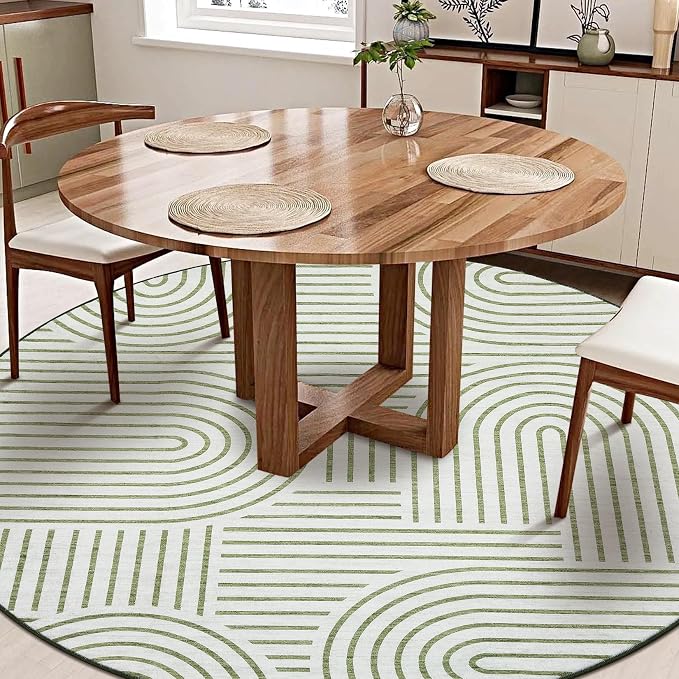 ROYHOME Modern 6ft Round Washable Rug for Living Room Soft Non Slip, Green | Abstract Area Rug for Bedroom, Rainbow Throw Rugs with Rubber Back, Low Pile Stain Resistant Geometric Carpet for Dining Room
